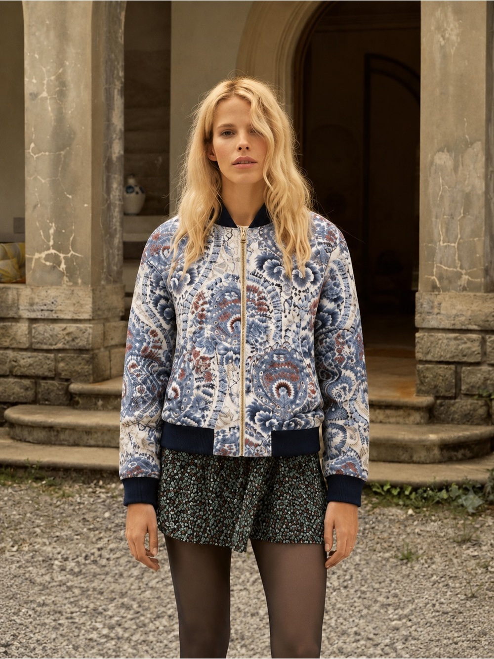 Free People Daytrip Floral Paisley Bomber Jacket Blue Cream S Boho Festival Fall